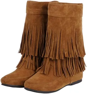 BORAMAX Womens Faux Suede 2 Layer Tassel Fringe Ankle Boots Flat Mid Calf Boots Wide Calf Black Boots For Women