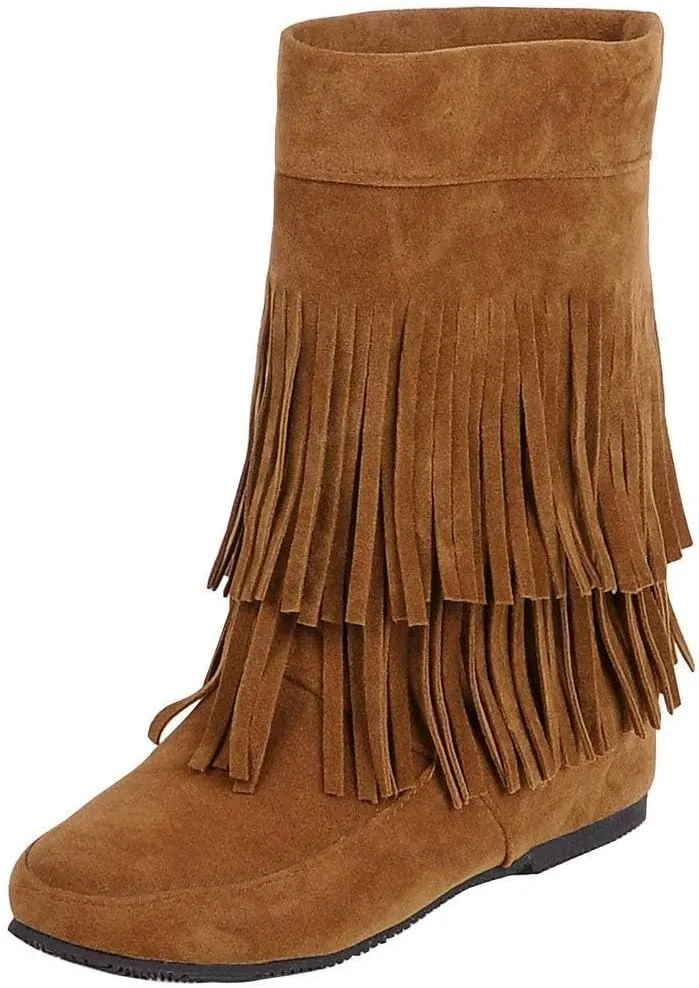 BORAMAX Womens Faux Suede 2 Layer Tassel Fringe Ankle Boots Flat Mid Calf Boots Wide Calf Black Boots For Women