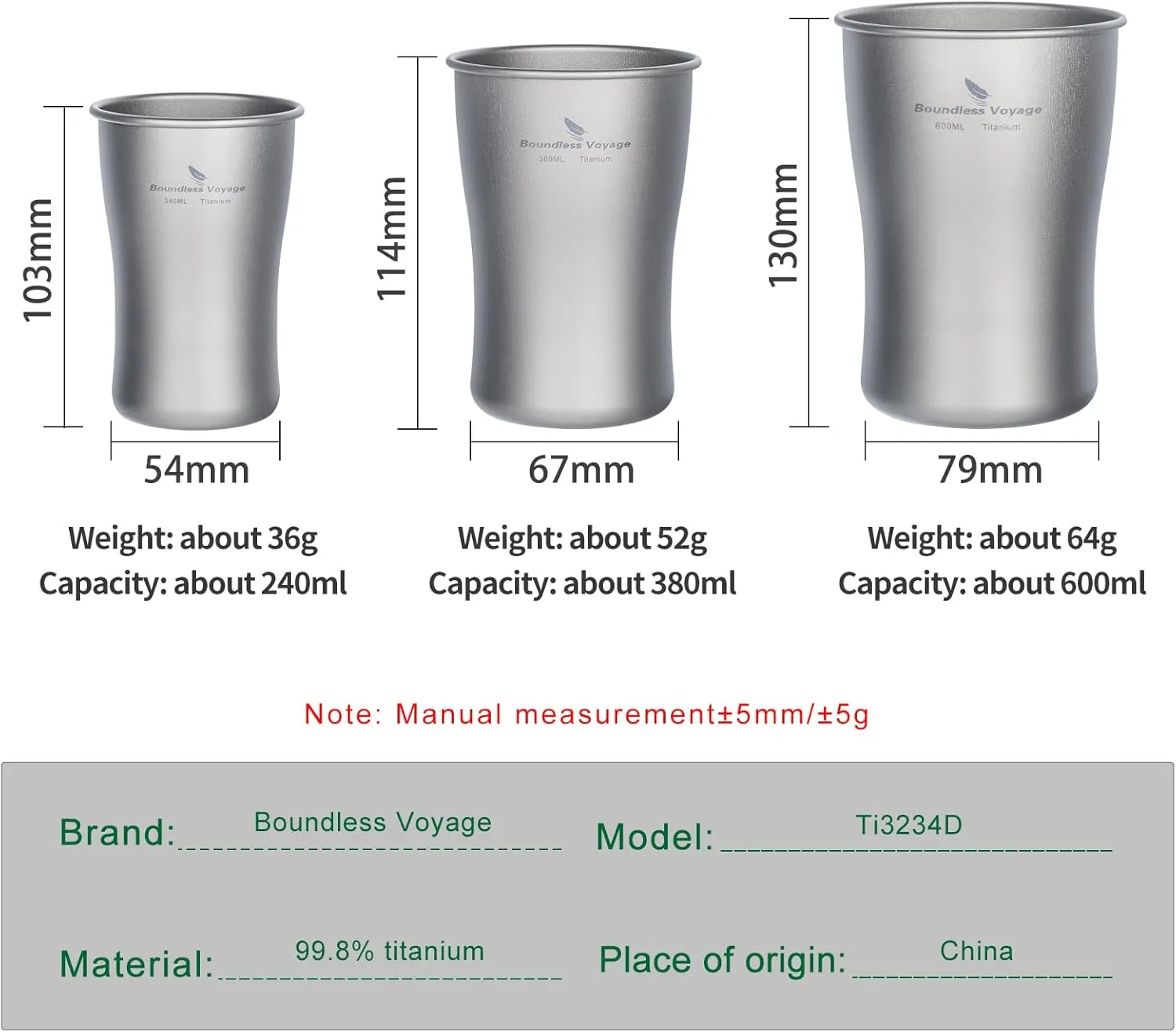 Boundless Voyage Titanium Beer Cups Ultralight Coffee Tea Juicy Mugs for Outdoor Camping Picnic 240ml 380ml 600ml (3 Cups Set)
