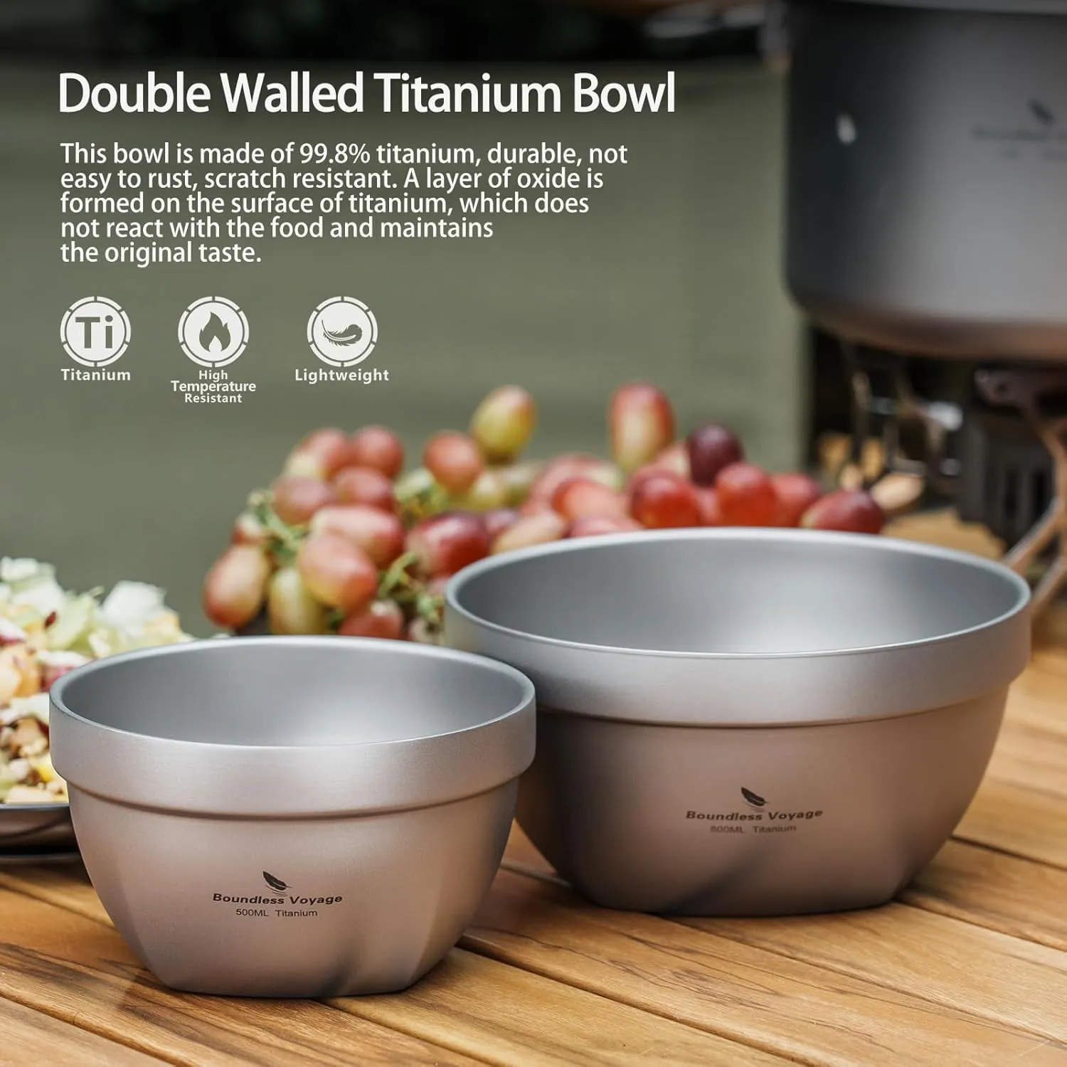 Boundless Voyage Titanium Double Walled Oatmeal Rice Soup Yogurt Bowl - Ultralight Portable Tableware for Outdoor Camping (800ml)