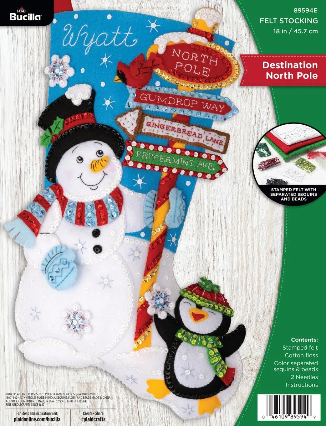 Bucilla, Destination North Pole, Felt Applique 18" Stocking Making Kit, Perfect for Holiday DIY Arts and Crafts, 89594E