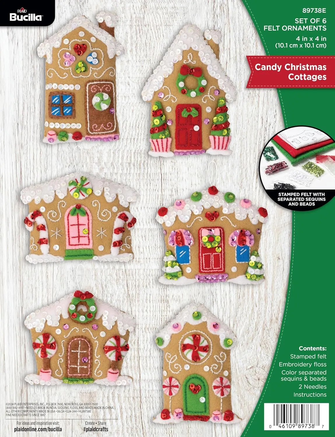Bucilla, Felt Applique 6 Piece Ornament Making Kit, Candy Christmas Cottages, Perfect for DIY Arts and Crafts