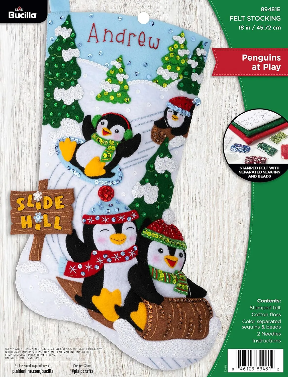Bucilla Felt Applique Stocking Kit, Penguins at Play 18" Felt Applique Stocking Making Kit, Perfect for DIY Needlepoint Arts and Crafts, 89481E , White
