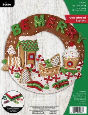 Bucilla, Gingerbread Express, Felt Applique Wreath Making Kit, Perfect for DIY Arts and Crafts, 89677E