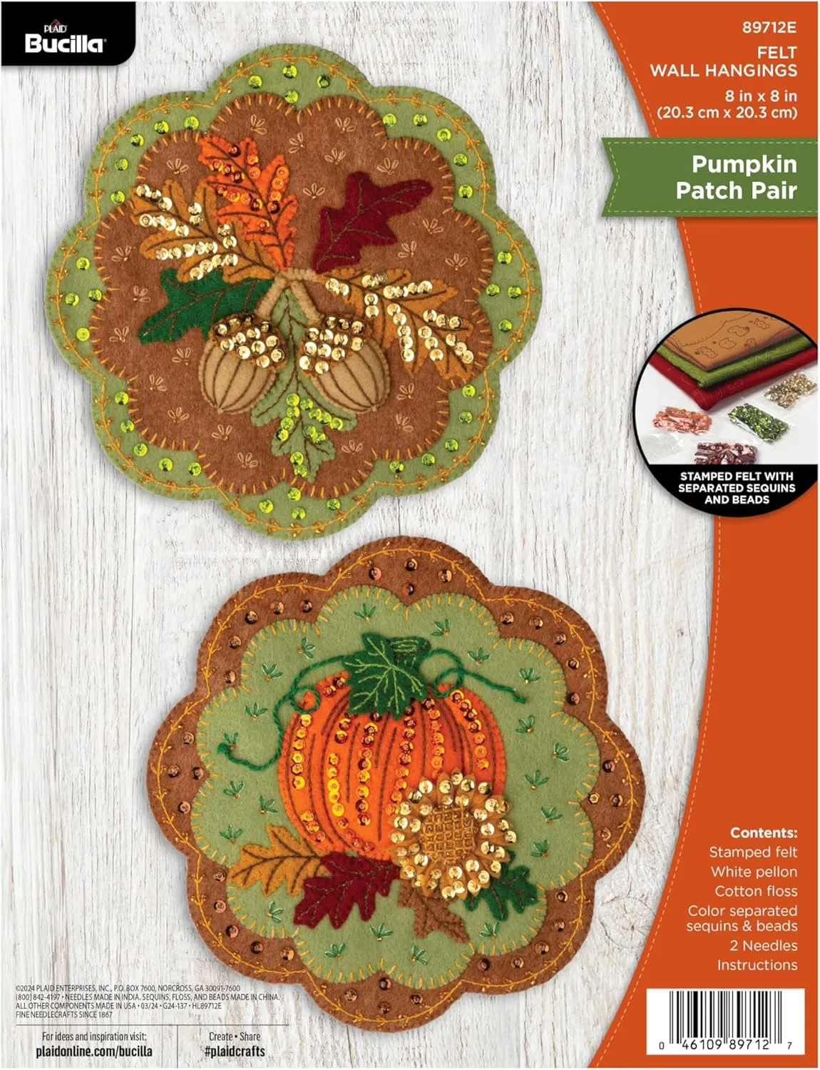 Bucilla, Pumpkin Patch Pair, Felt Applique 2 Piece Wall Hanging Kit, Perfect for Holiday DIY Arts and Crafts Projects, 89712E