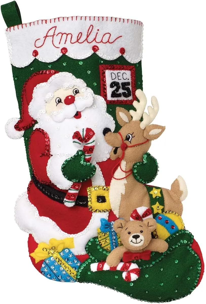 Bucilla, Santa and Friends Christmas 18" Felt Applique Stocking Making Kit, Perfect for DIY Holiday Needlepoint Arts and Crafts, 89330E