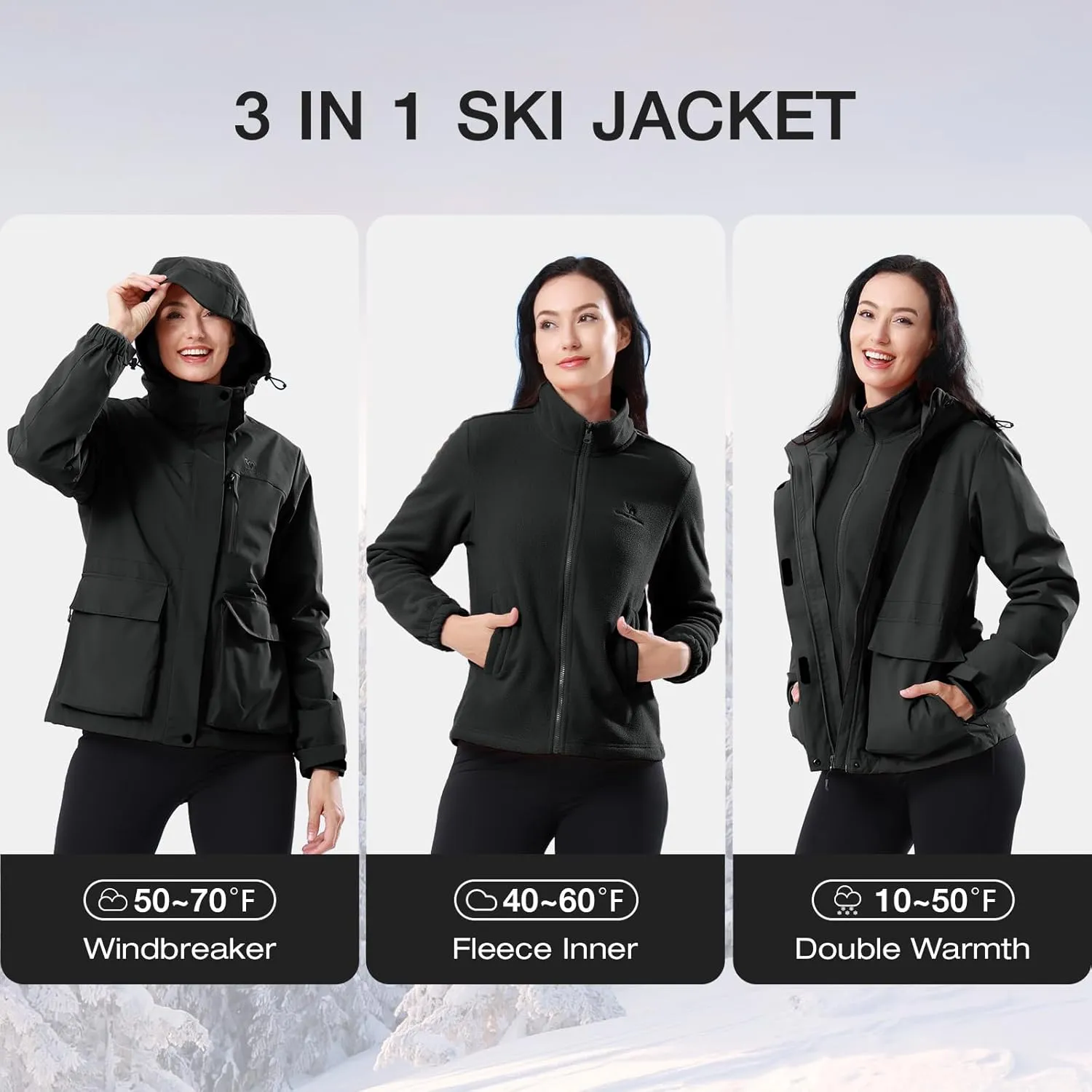 CAMEL CROWN Women's Ski Jacket 3 in 1 Winter Jacket Waterproof Jacket Windbreaker Snow Coat with Inner Warm Fleece Coat
