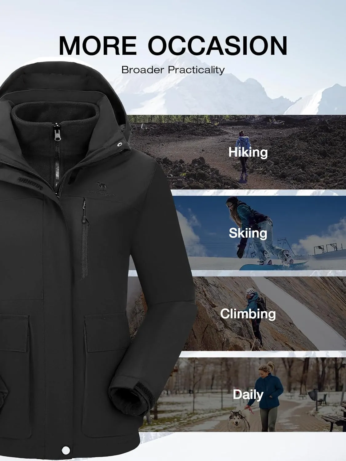 CAMEL CROWN Women's Ski Jacket 3 in 1 Winter Jacket Waterproof Jacket Windbreaker Snow Coat with Inner Warm Fleece Coat
