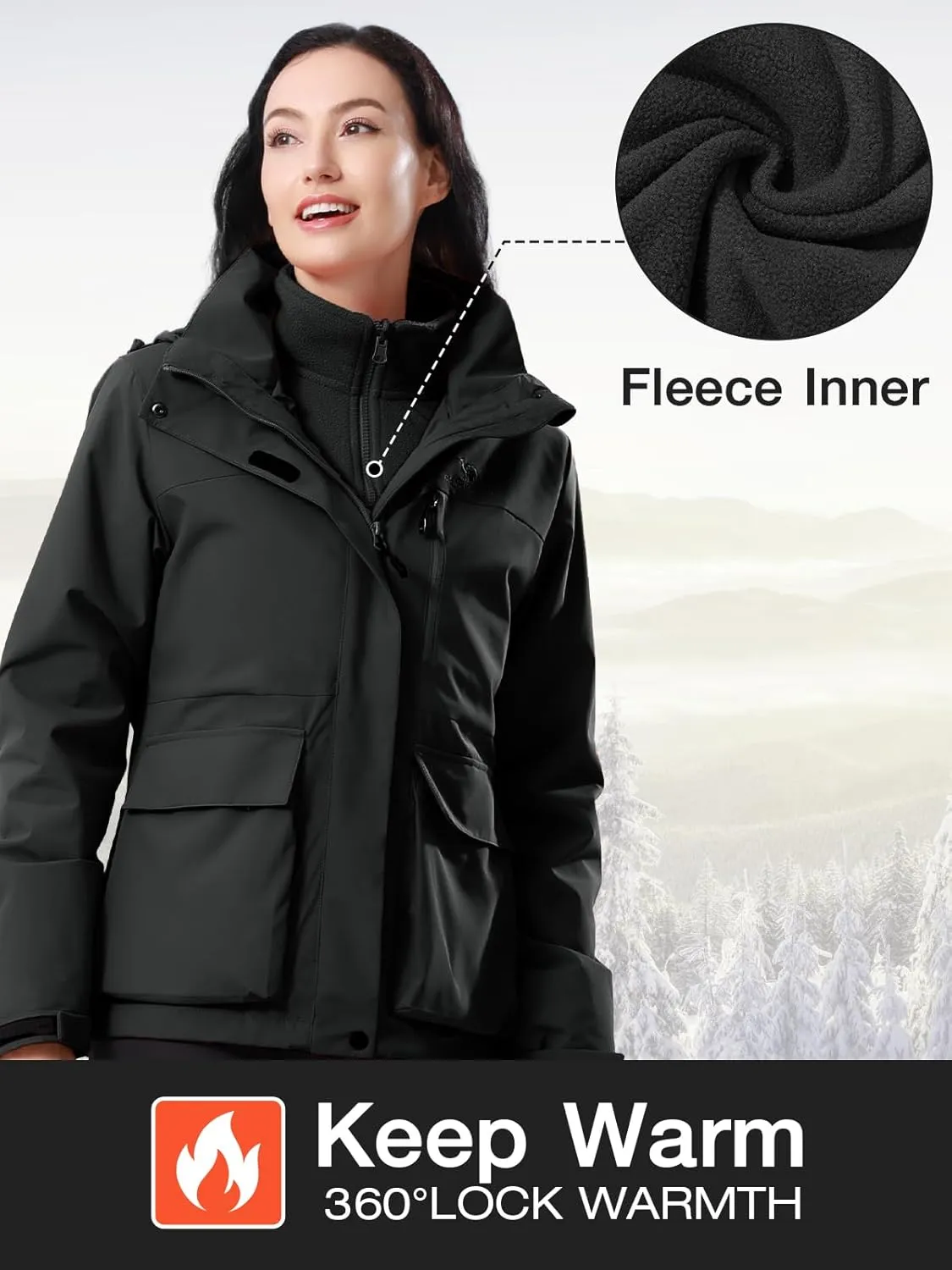 CAMEL CROWN Women's Ski Jacket 3 in 1 Winter Jacket Waterproof Jacket Windbreaker Snow Coat with Inner Warm Fleece Coat