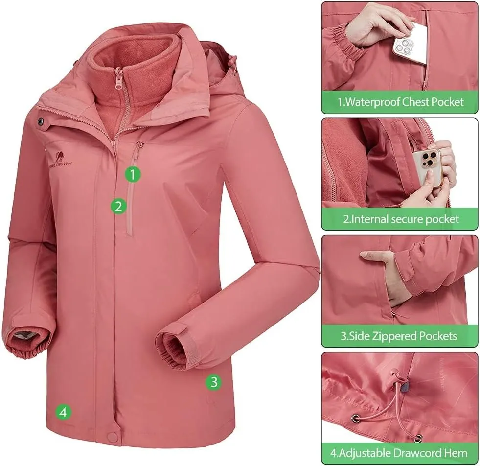 CAMEL CROWN Women's Waterproof Ski Jacket 3 in 1 Winter Coat Windbreaker Snowboard Jackets for Rain Snow Outdoor Hiking