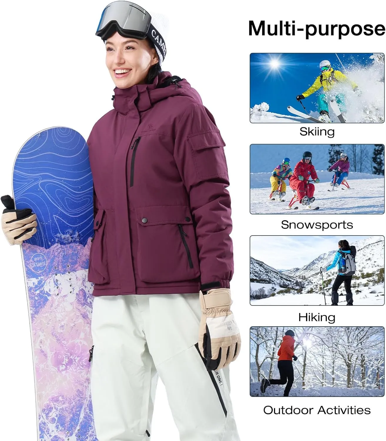 CAMEL CROWN Women's Waterproof Ski Jacket Warm Winter Snow Coat Hiking Windbreaker Hooded Outdoor Snowboarding Jacket