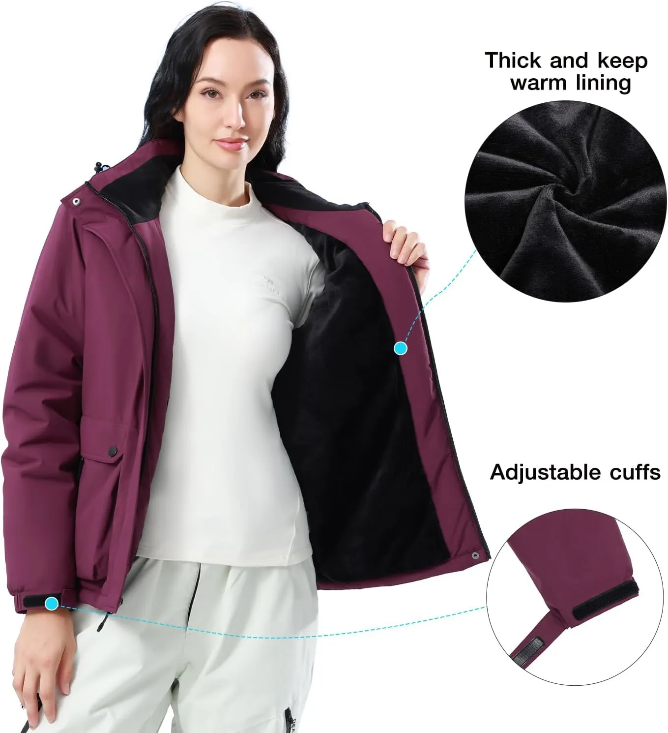 CAMEL CROWN Women's Waterproof Ski Jacket Warm Winter Snow Coat Hiking Windbreaker Hooded Outdoor Snowboarding Jacket