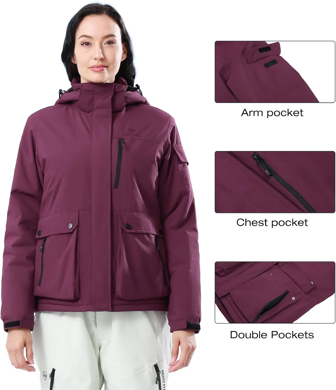 CAMEL CROWN Women's Waterproof Ski Jacket Warm Winter Snow Coat Hiking Windbreaker Hooded Outdoor Snowboarding Jacket