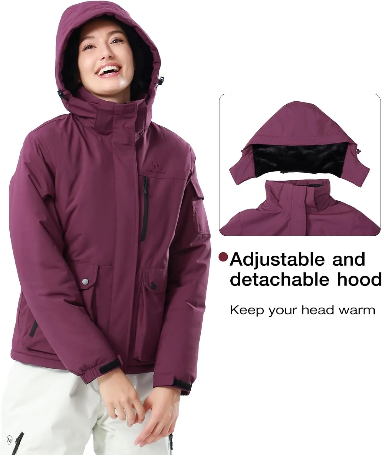 CAMEL CROWN Women's Waterproof Ski Jacket Warm Winter Snow Coat Hiking Windbreaker Hooded Outdoor Snowboarding Jacket