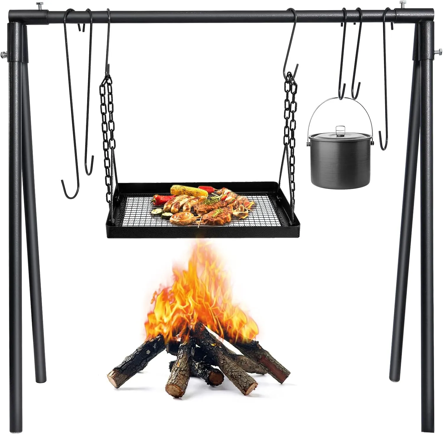 Campfire Swing Cooking Grill Stand, Portable Hanging Cooking Rack with Removable steel pipe Adjustable Grill Grate and Hooks for Outdoor BBQ Picnic Cookware Party