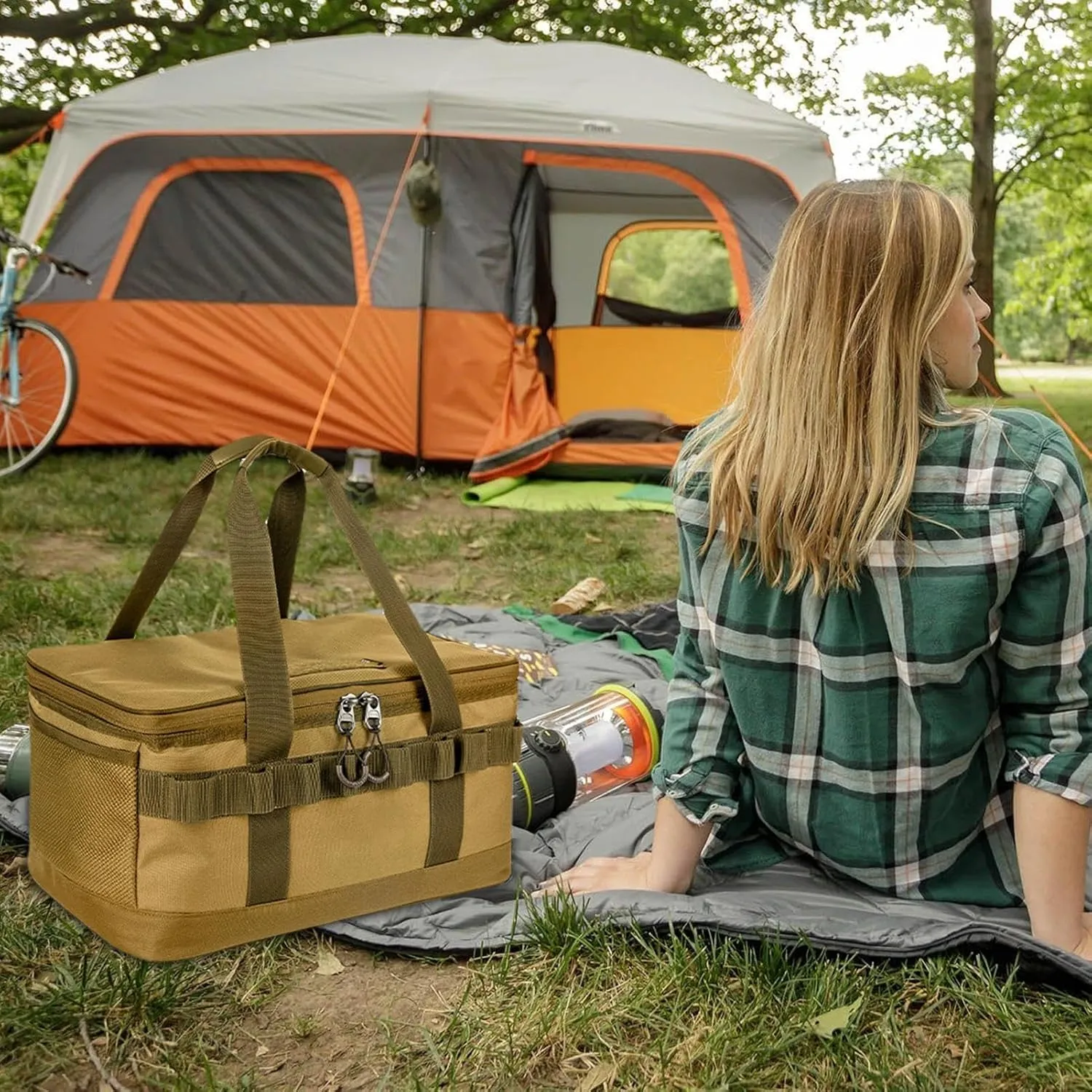 Camping Organizer Bag, 20L Utility Carry Bag with Handle | Camping Bag for Storage, Camping and Travel, Trunk Bag for Overnight Camping, Outdoor Bag, khaki, Siehe Beschreibung