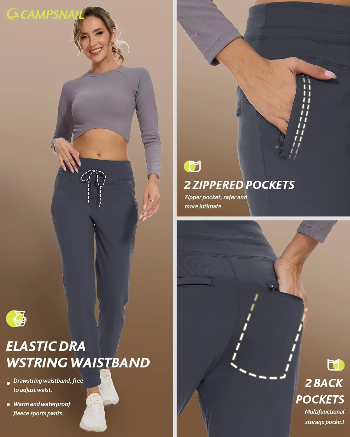 CAMPSNAIL Fleece Lined Joggers Women - Water Resistant Thermal Winter Sweatpants Running Hiking Yoga with Pockets