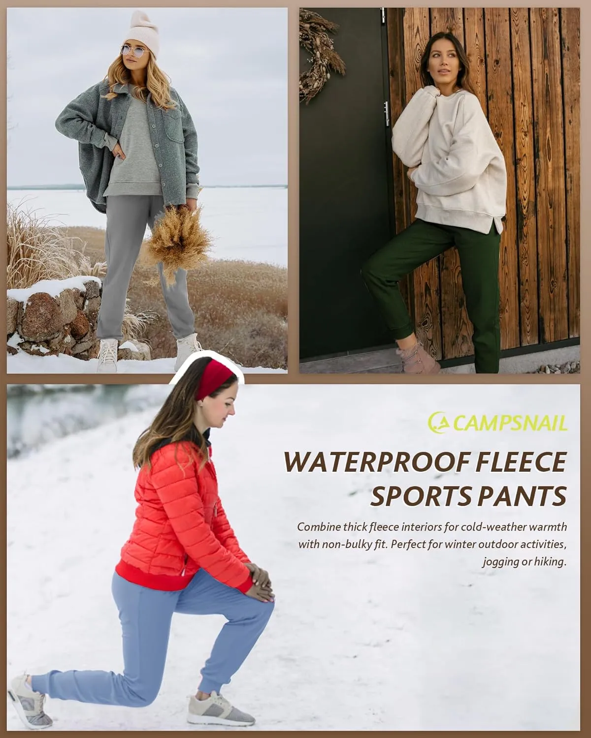 CAMPSNAIL Fleece Lined Joggers Women - Water Resistant Thermal Winter Sweatpants Running Hiking Yoga with Pockets