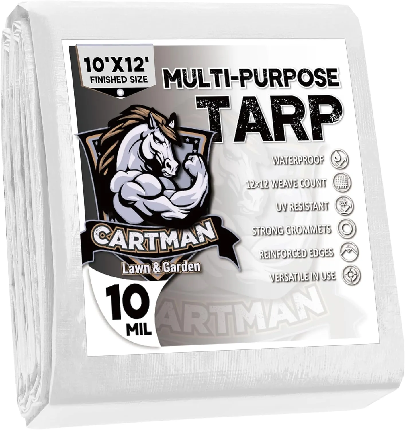 CARTMAN Finished Size 10x12 Feet 10 Mil White Heavy Duty Poly Tarp, Multipurpose Protective Cover, UV Resistant, Waterproof Poly Tarpaulin with Reinforced Edges Tarpaulin with Reinforced Edges