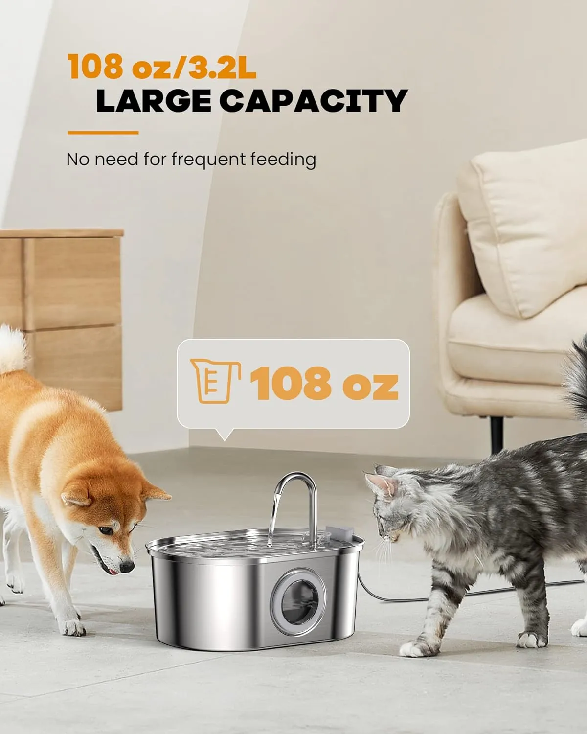 Cat Water Fountain Stainless Steel: with 8pcs Carbon Filter   8pcs Sponge 108oz/3.2L Pet Water Fountain Cat Fountain - Water Fountain for Cats Inside with Water Level Window Quiet Pump SOOFPET