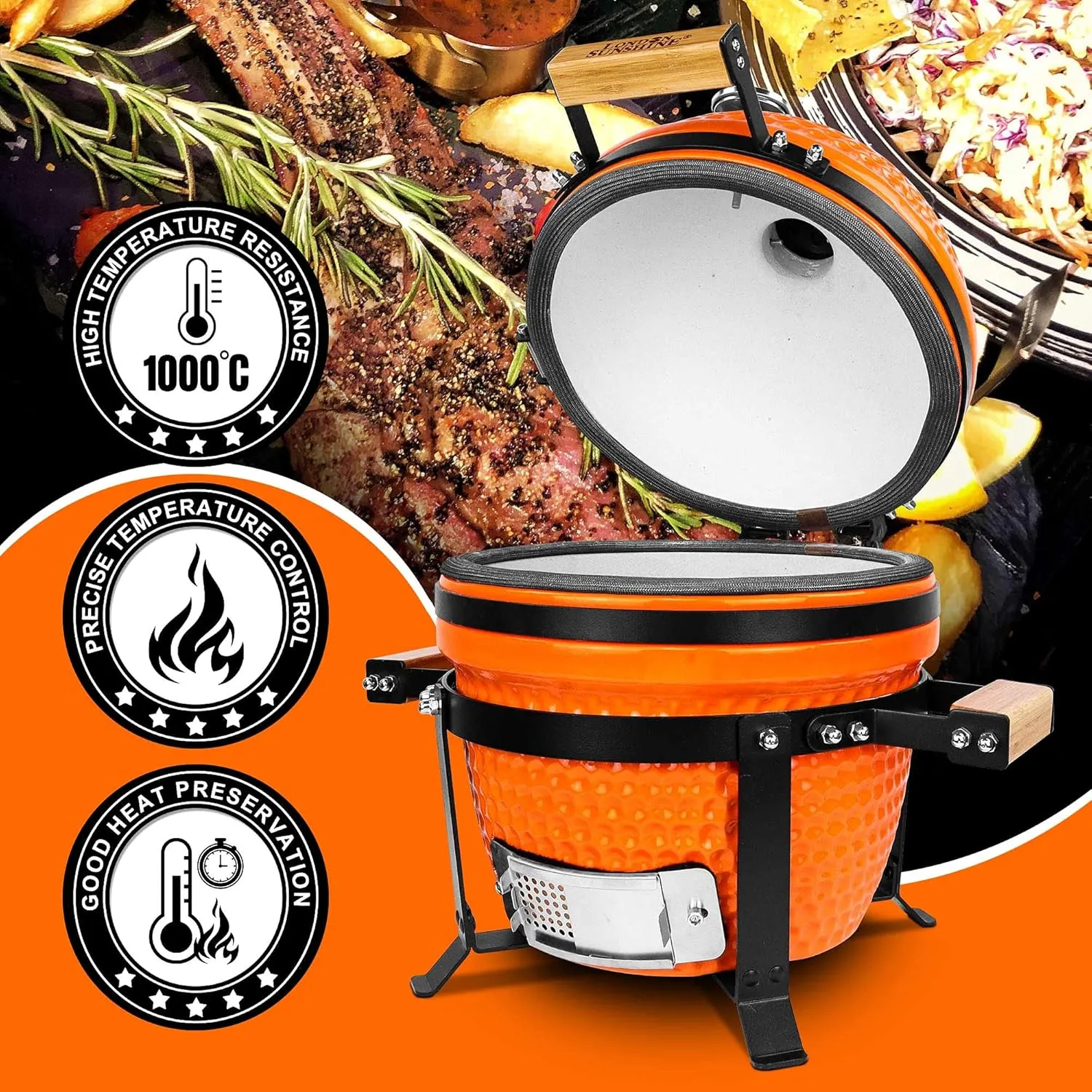 Ceramic Charcoal BBQ Kamado Grill Smoker - Portable Tabletop Cadet Series -Orange