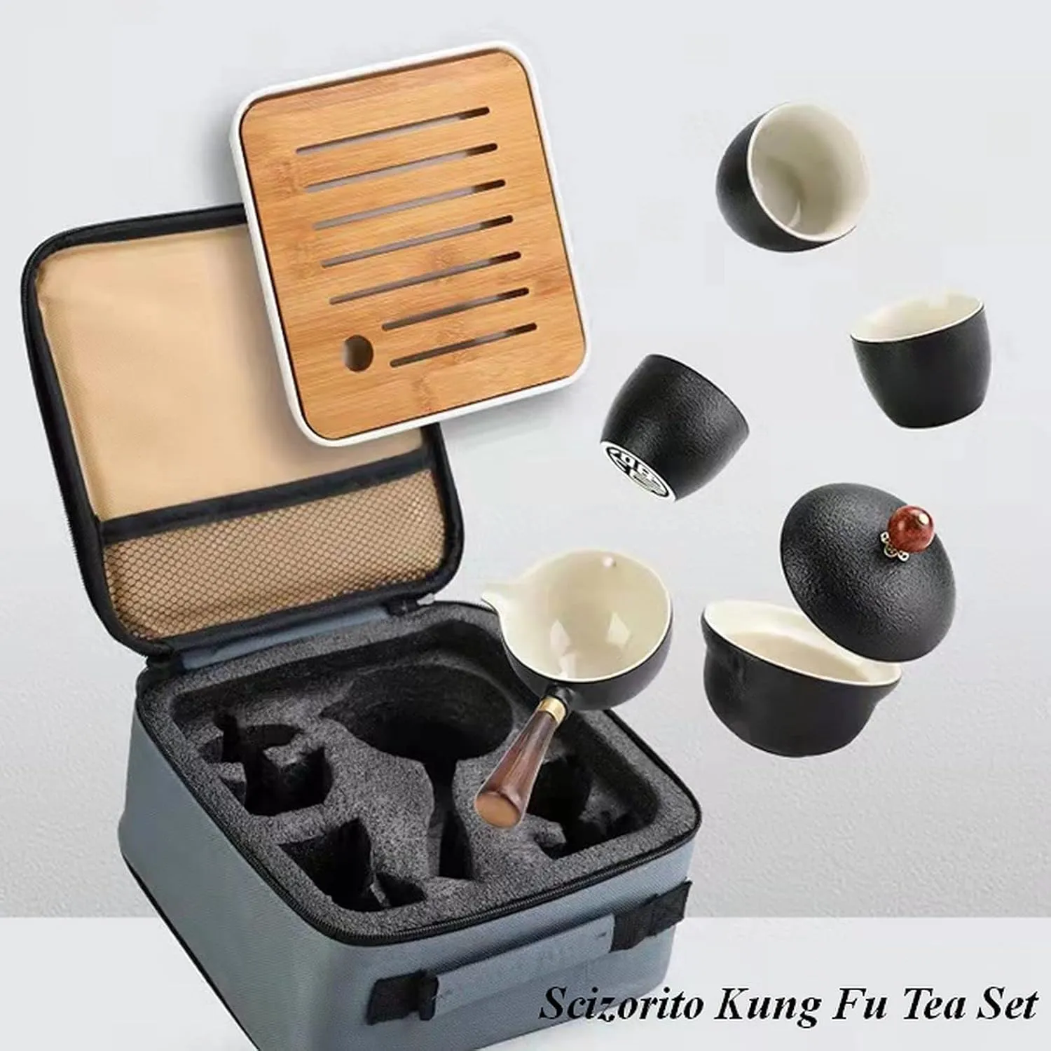 Ceramic Portable Travel Tea Set, Chinese Kungfu Tea Set with 360 Rotation Teapot and Infuser, 4 Tea Cups, Tea Tray And Travel Bag (Pure White)