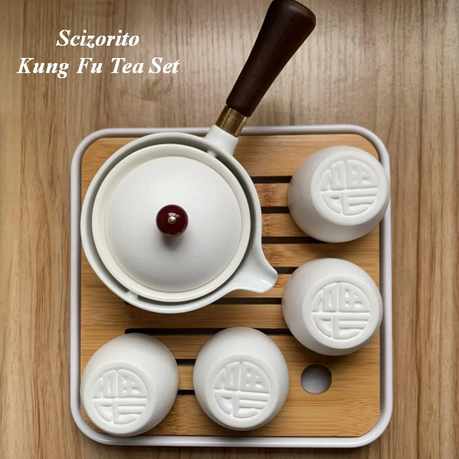 Ceramic Portable Travel Tea Set, Chinese Kungfu Tea Set with 360 Rotation Teapot and Infuser, 4 Tea Cups, Tea Tray And Travel Bag (Pure White)