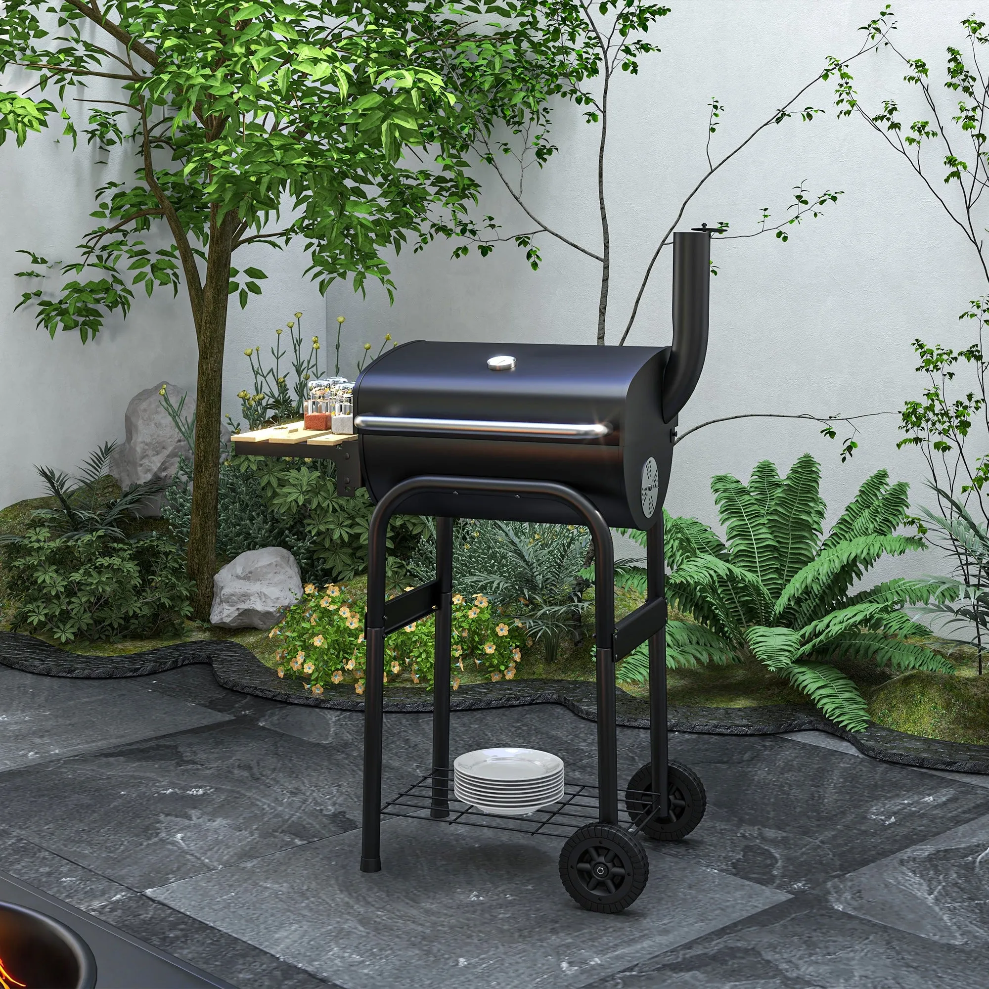 Charcoal Barbecue Grill with Shelves, Portable BBQ Trolley Smoker with Wheels, Lid, Thermometer, Chimney for Outdoor Garden Party Cooking, Black