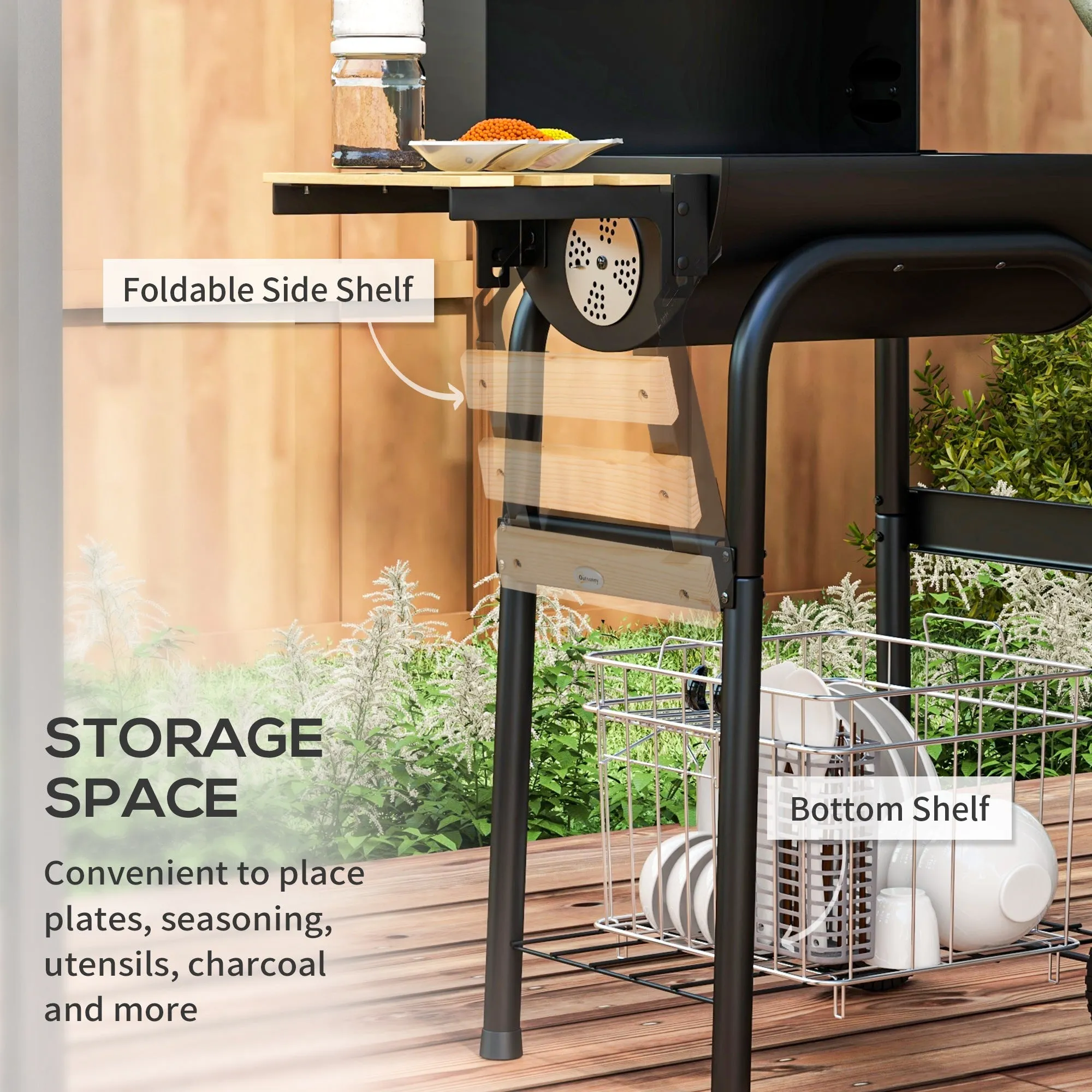 Charcoal Barbecue Grill with Shelves, Portable BBQ Trolley Smoker with Wheels, Lid, Thermometer, Chimney for Outdoor Garden Party Cooking, Black
