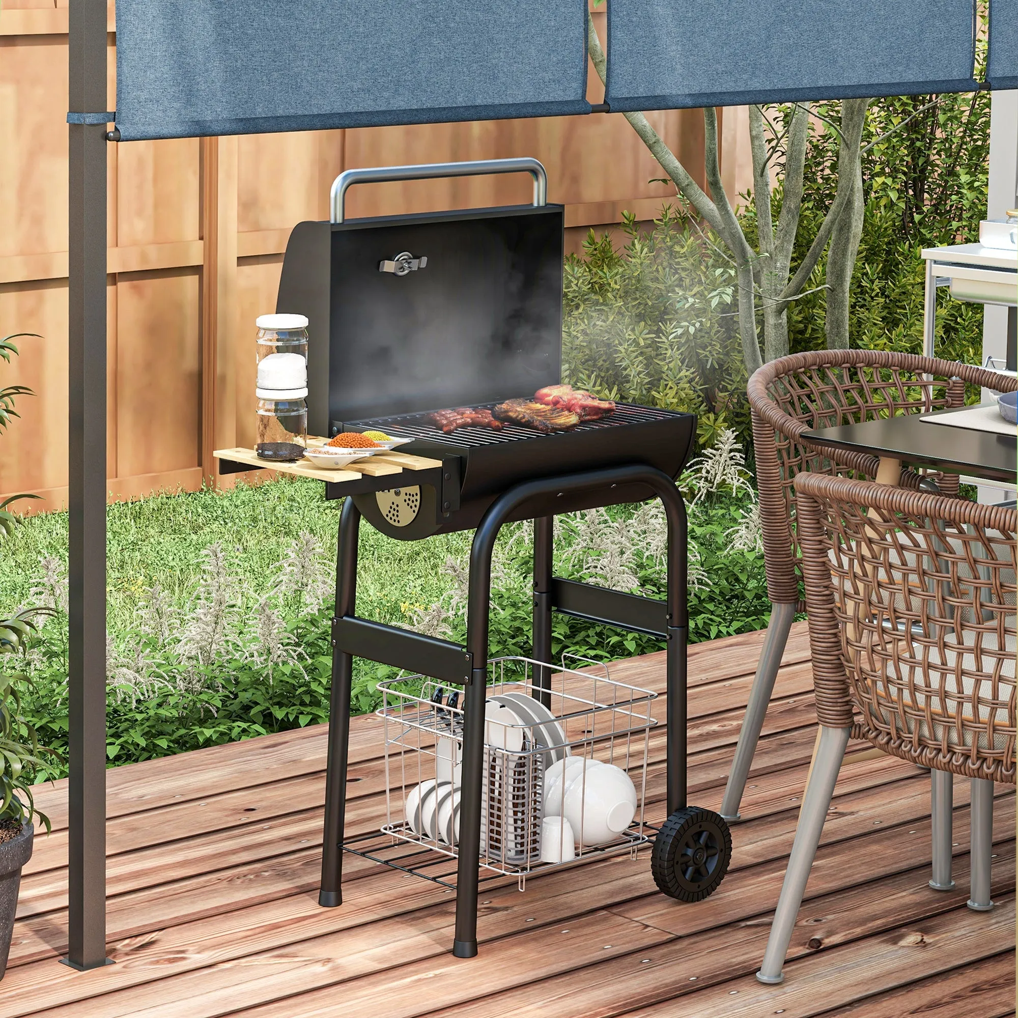 Charcoal Barbecue Grill with Shelves, Portable BBQ Trolley Smoker with Wheels, Lid, Thermometer, Chimney for Outdoor Garden Party Cooking, Black