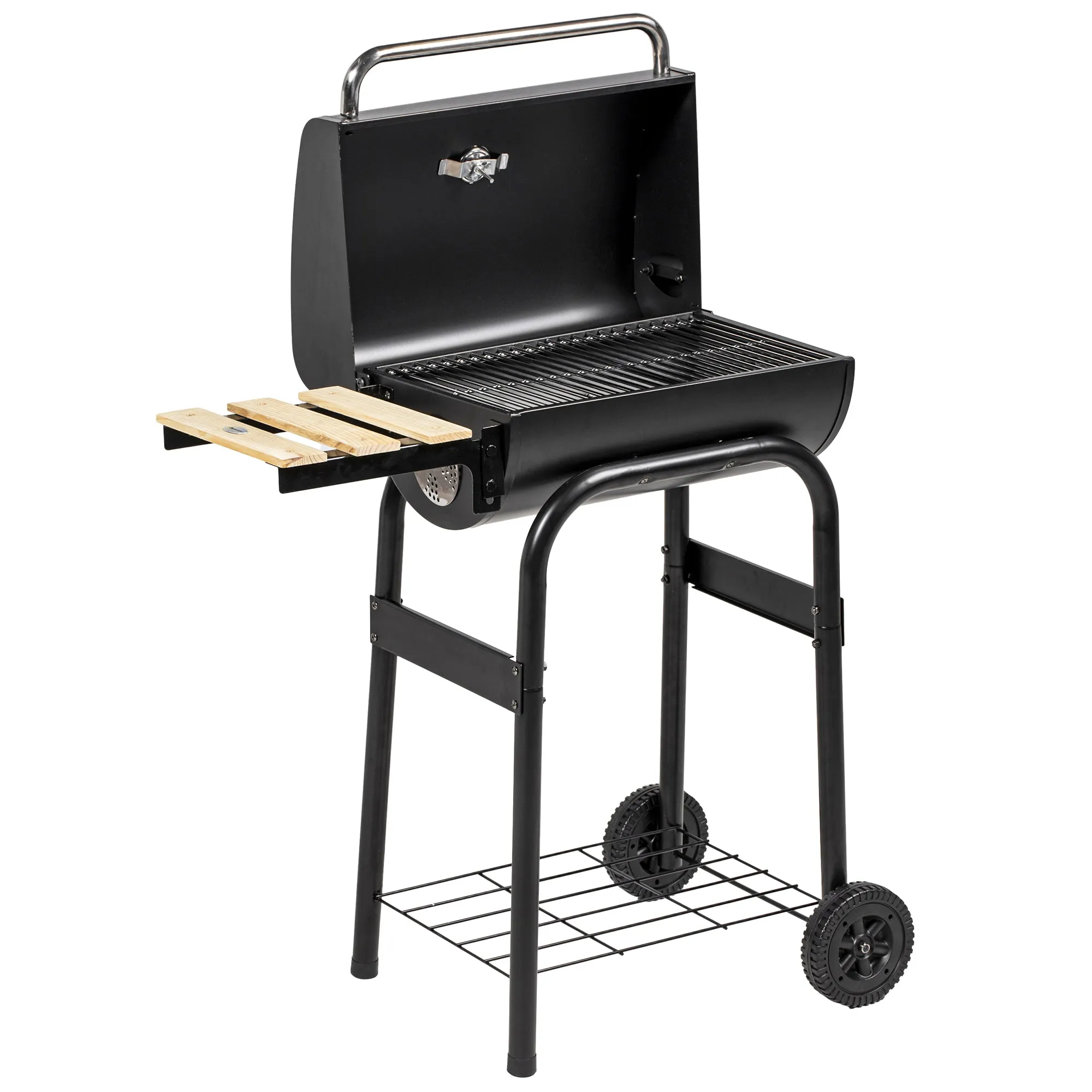 Charcoal Barbecue Grill with Shelves, Portable BBQ Trolley Smoker with Wheels, Lid, Thermometer, Chimney for Outdoor Garden Party Cooking, Black