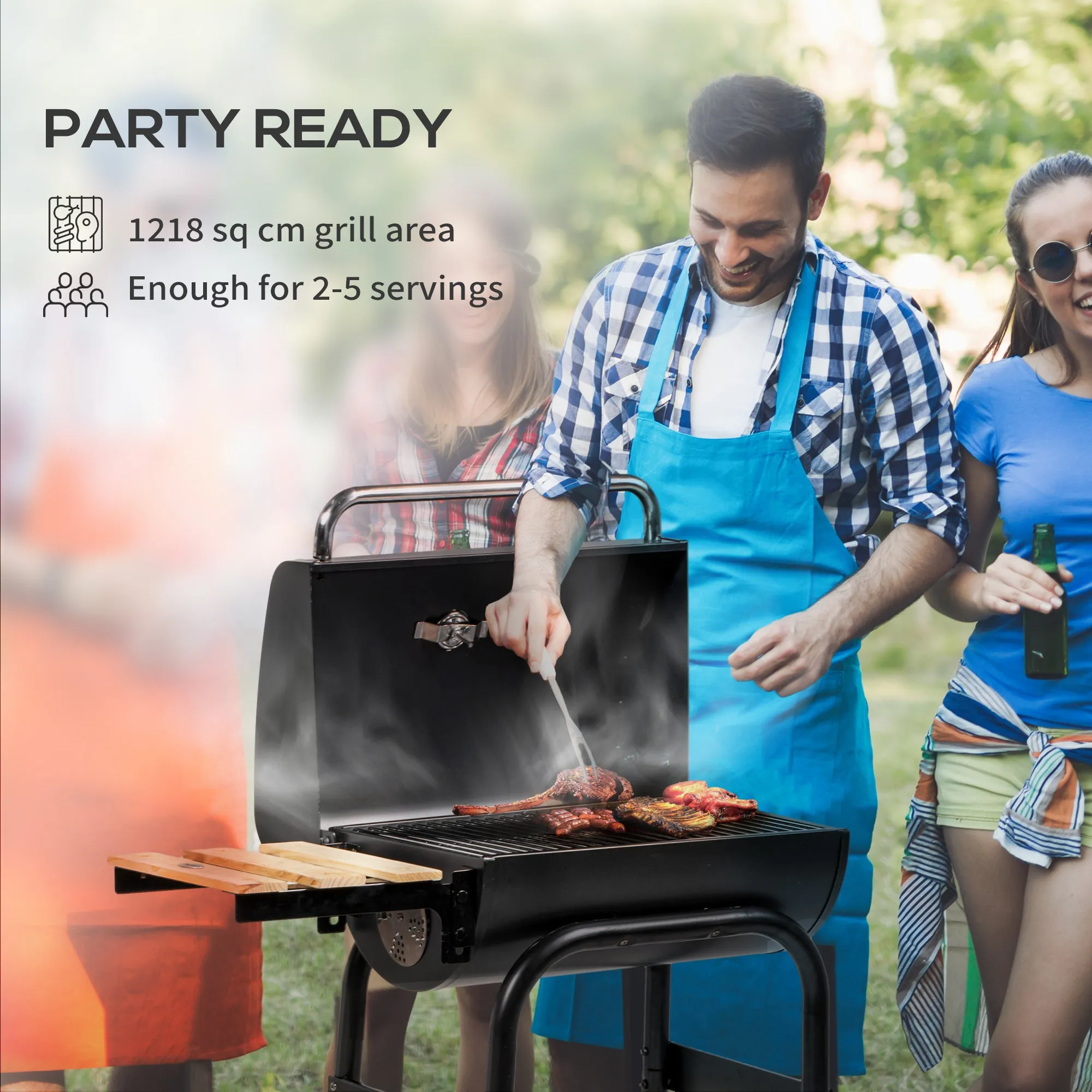Charcoal Barbecue Grill with Shelves, Portable BBQ Trolley Smoker with Wheels, Lid, Thermometer, Chimney for Outdoor Garden Party Cooking, Black