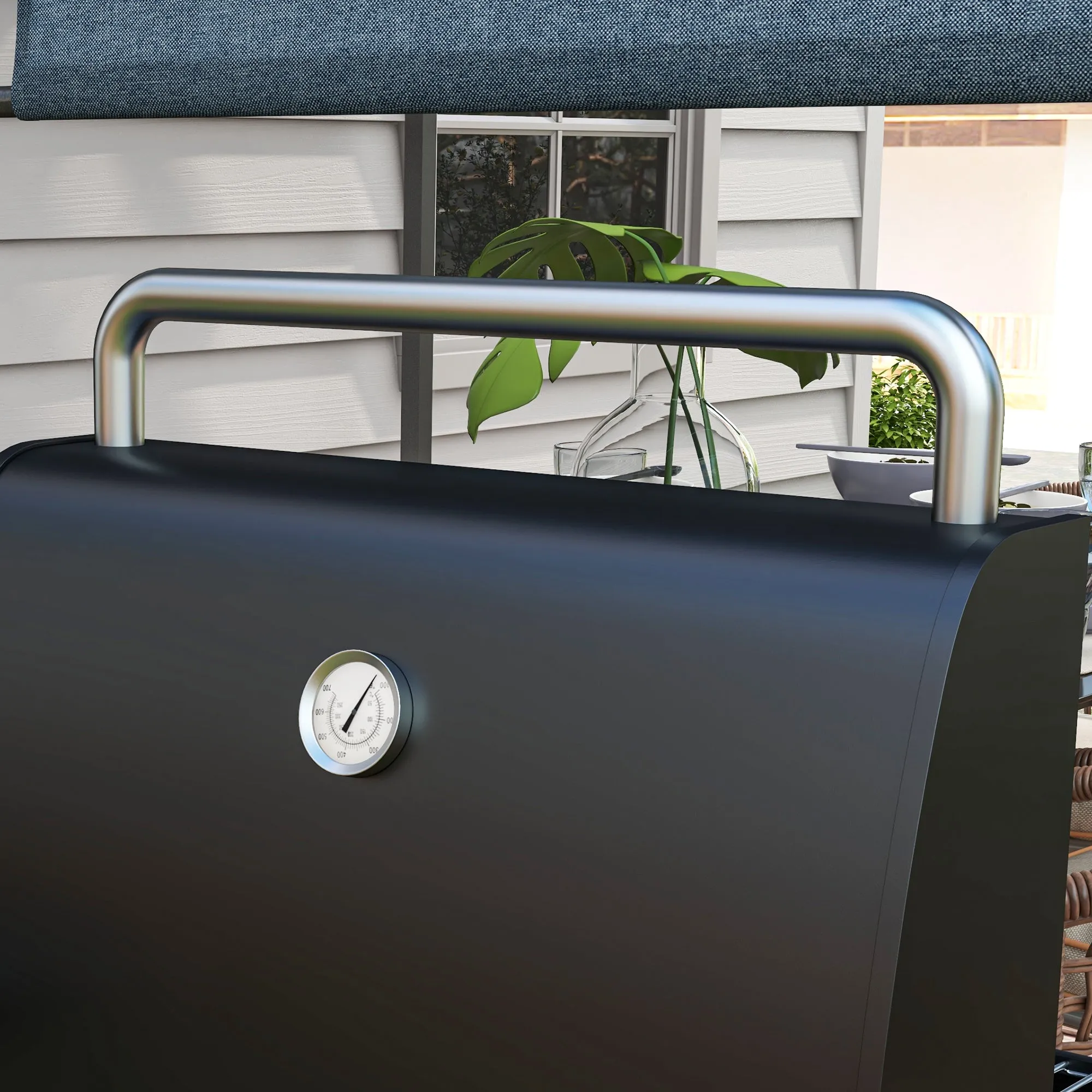 Charcoal Barbecue Grill with Shelves, Portable BBQ Trolley Smoker with Wheels, Lid, Thermometer, Chimney for Outdoor Garden Party Cooking, Black