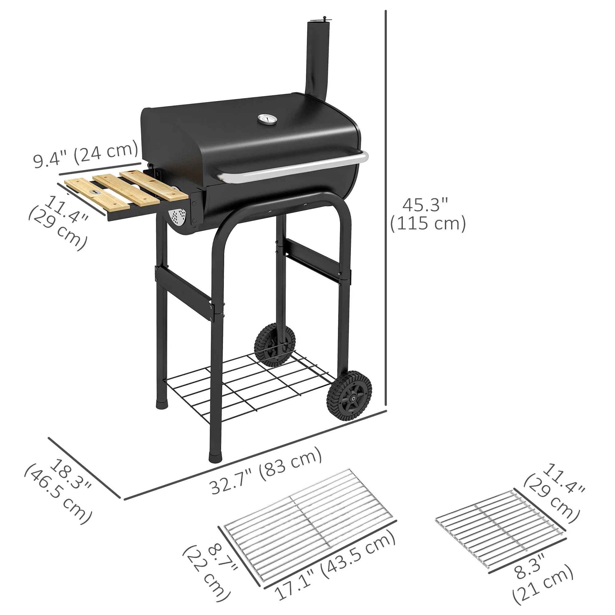 Charcoal Barbecue Grill with Shelves, Portable BBQ Trolley Smoker with Wheels, Lid, Thermometer, Chimney for Outdoor Garden Party Cooking, Black