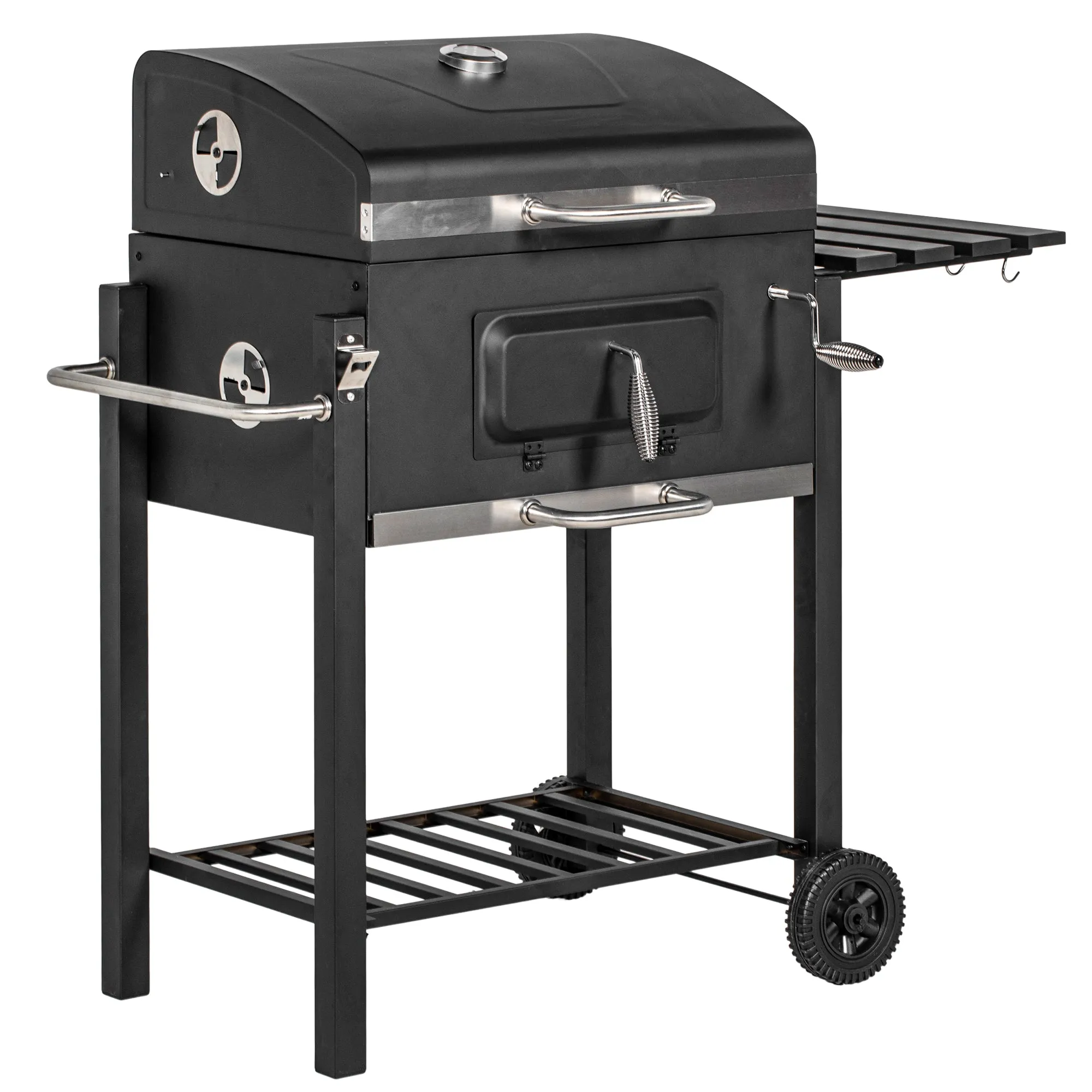 Charcoal BBQ Grill Smoker Combo Portable Trolley Camping Picnic Backyard Side Shelf, Black