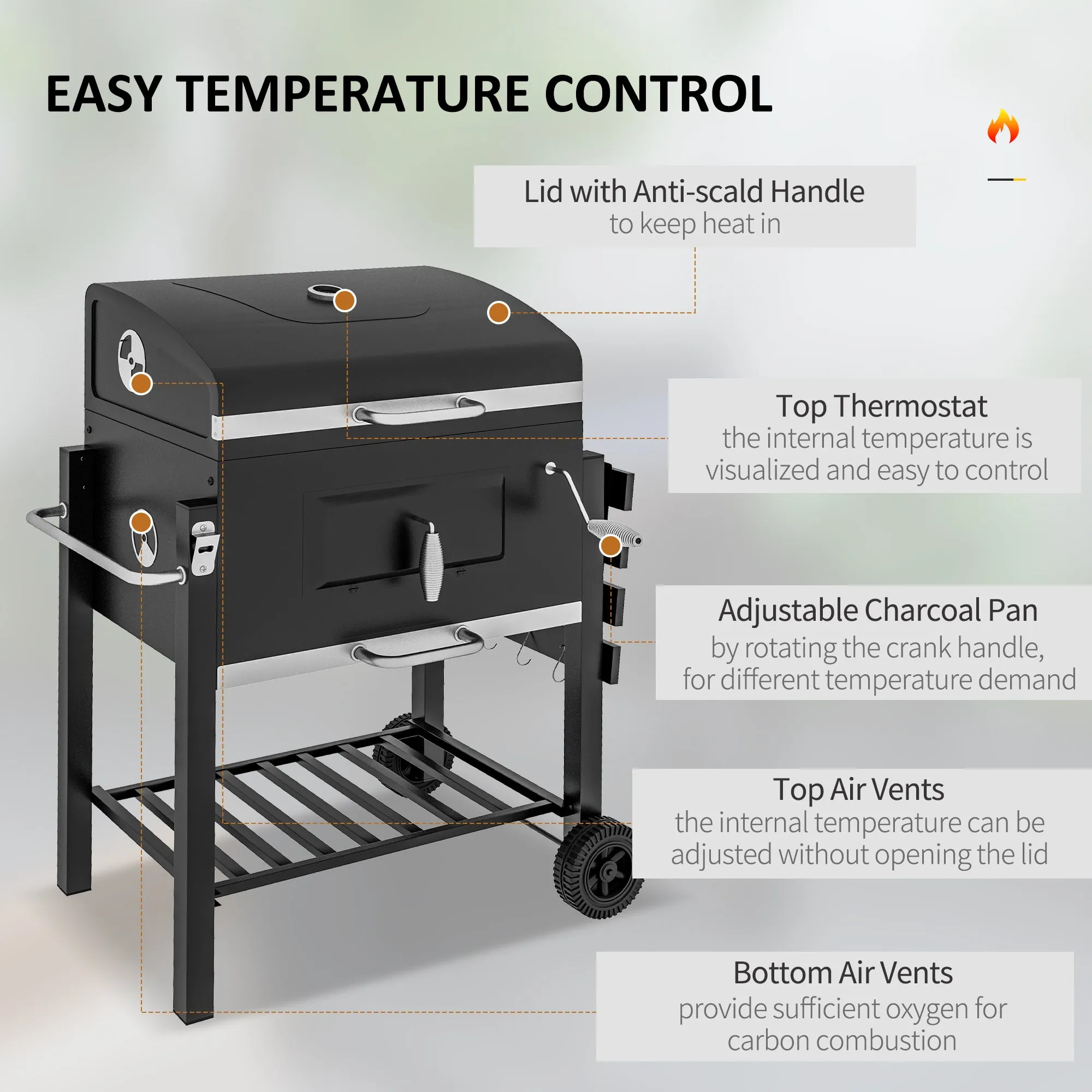 Charcoal BBQ Grill Smoker Combo Portable Trolley Camping Picnic Backyard Side Shelf, Black