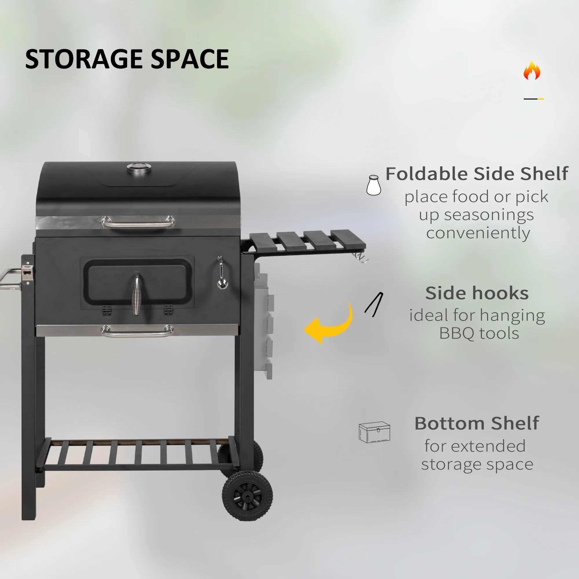 Charcoal BBQ Grill Smoker Combo Portable Trolley Camping Picnic Backyard Side Shelf, Black