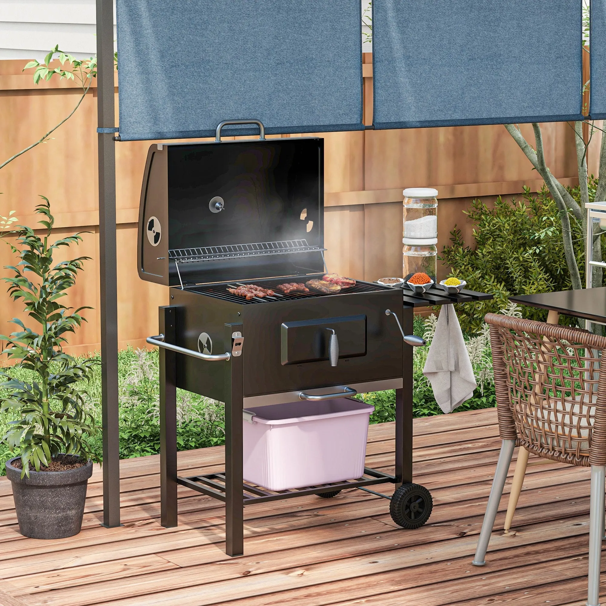 Charcoal BBQ Grill Smoker Combo Portable Trolley Camping Picnic Backyard Side Shelf, Black