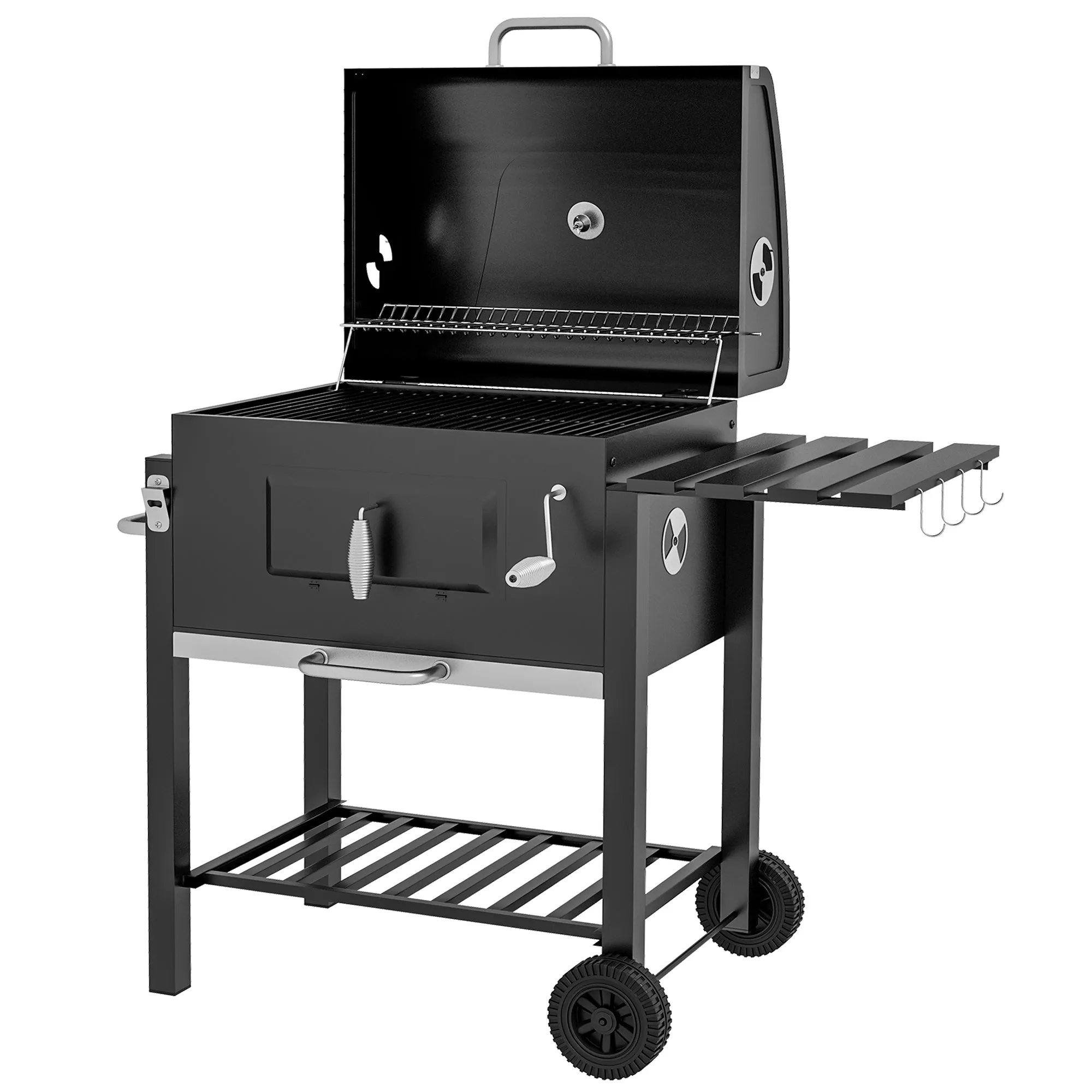 Charcoal BBQ Grill Smoker Combo Portable Trolley Camping Picnic Backyard Side Shelf, Black