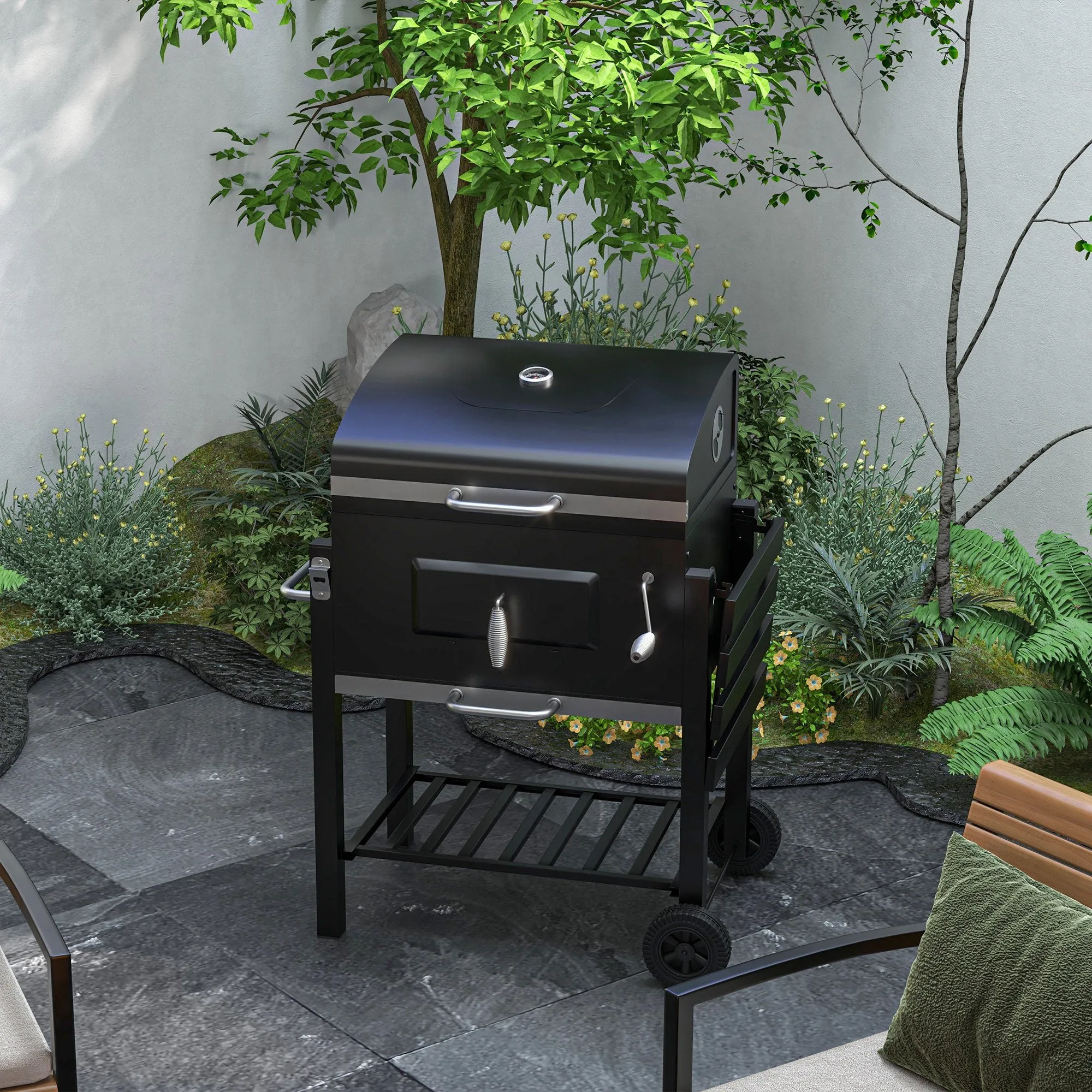 Charcoal BBQ Grill Smoker Combo Portable Trolley Camping Picnic Backyard Side Shelf, Black