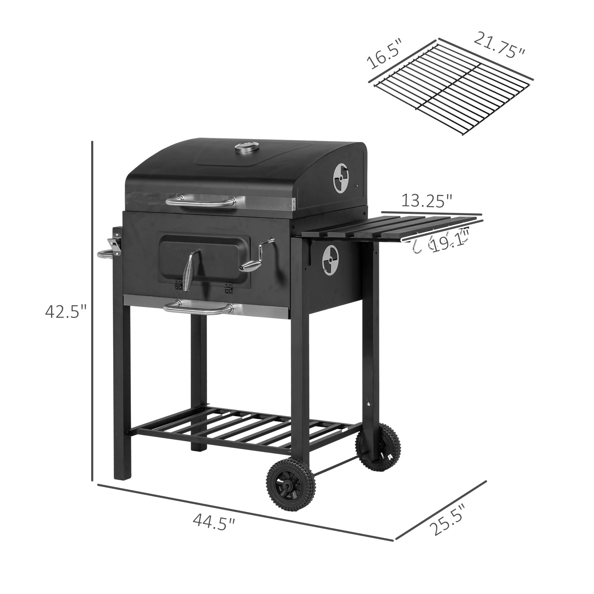 Charcoal BBQ Grill Smoker Combo Portable Trolley Camping Picnic Backyard Side Shelf, Black