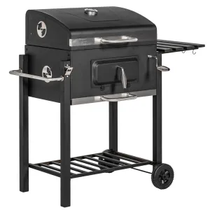 Charcoal BBQ Grill Smoker Combo Portable Trolley Camping Picnic Backyard Side Shelf, Black