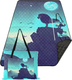 CHIFIGNO Fantasy Wolf Howling Moon Blue Waterproof Beach Blanket Oversized, Outdoor Playmat Camping Blanket Foldable Picnic Mat Cute, 118" x 80"