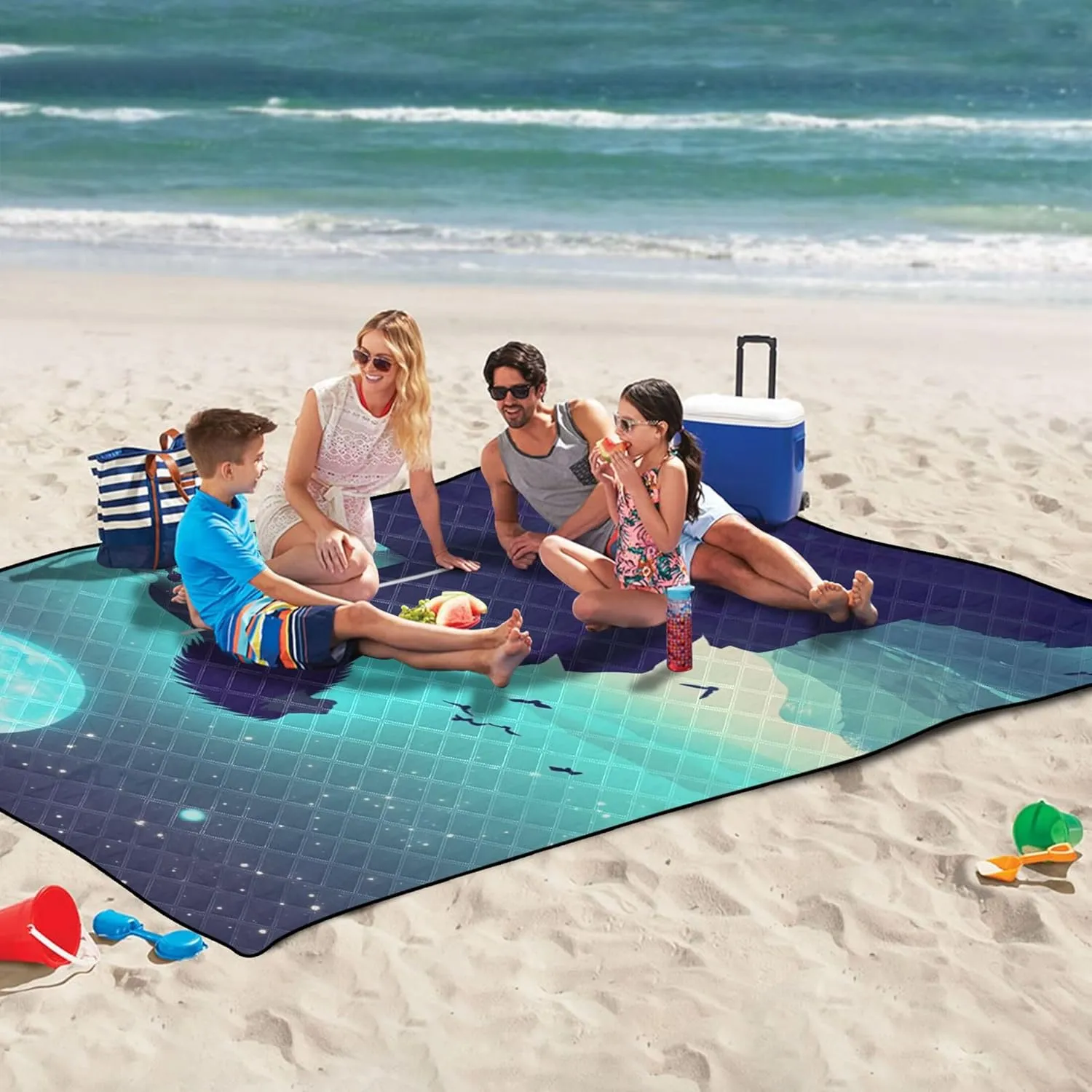 CHIFIGNO Fantasy Wolf Howling Moon Blue Waterproof Beach Blanket Oversized, Outdoor Playmat Camping Blanket Foldable Picnic Mat Cute, 118" x 80"