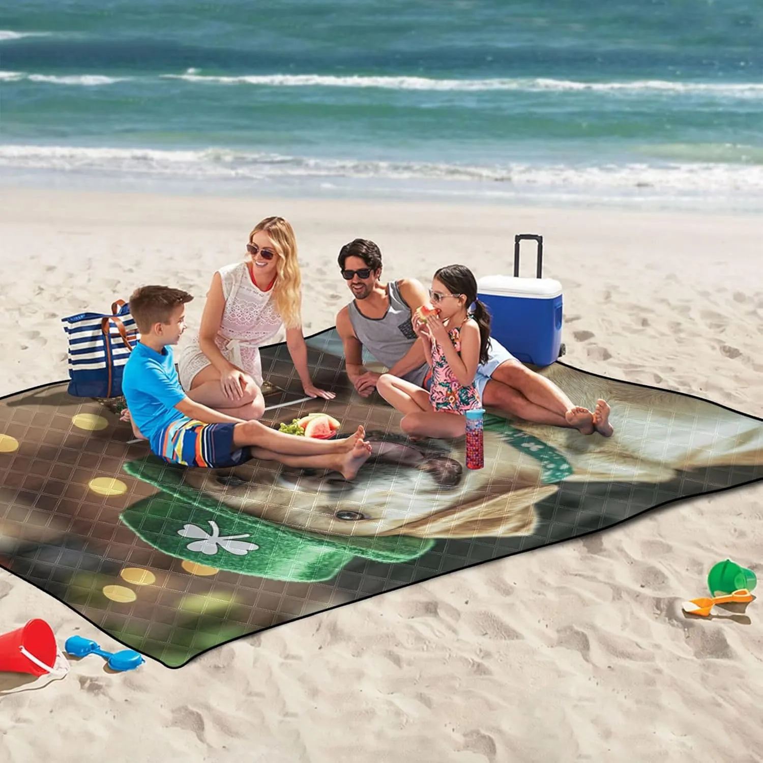 CHIFIGNO Happy Golden Retriever Wear Hat Sand Proof Beach Blanket Waterproof Picnic Supplies Foldable Mat Outdoor Blanket Camping Mat 80" x 60"