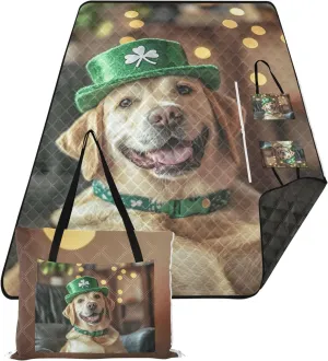 CHIFIGNO Happy Golden Retriever Wear Hat Sand Proof Beach Blanket Waterproof Picnic Supplies Foldable Mat Outdoor Blanket Camping Mat 80" x 60"
