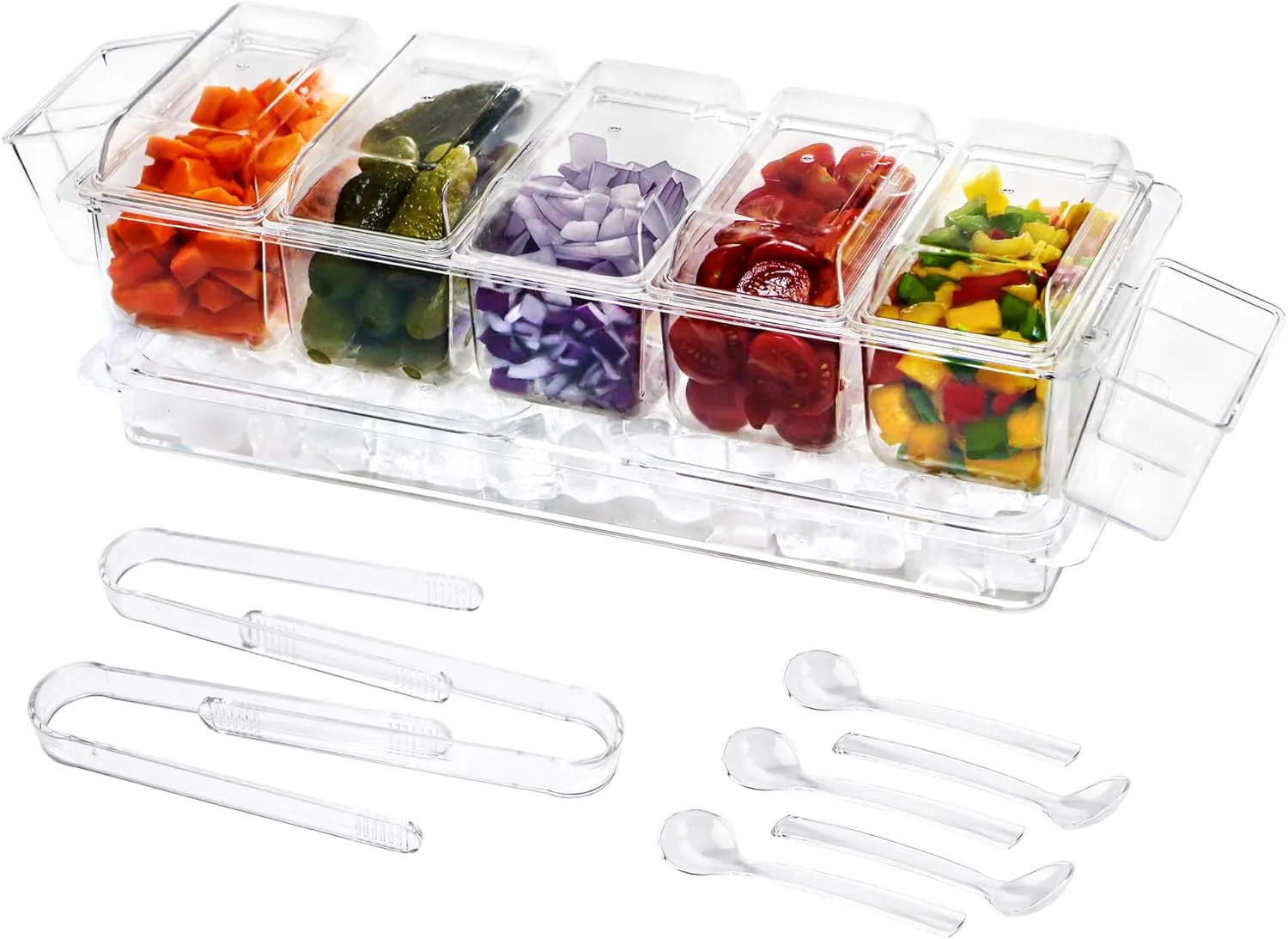 Chilled Condiment Server | Taco Bar Serving Set for Party | Chilled Condiment Tray with Lid and 5 Removable Compartments