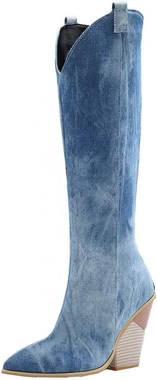 Chunky Heel Boots for Women - Fashion Snake Print Pointed Toe Back Zipper Thick High Heel Knee High Boots Comfortable Casual High Top shoes