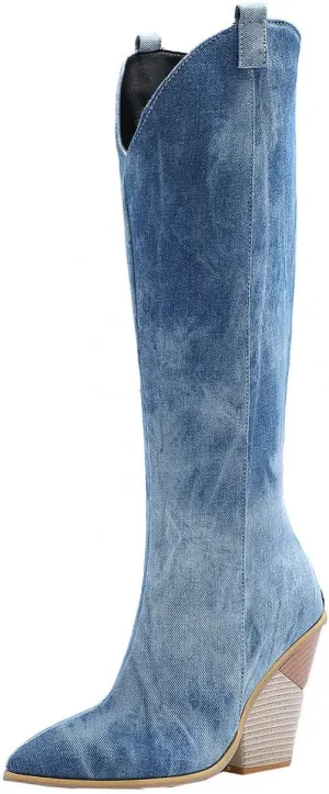 Chunky Heel Boots for Women - Fashion Snake Print Pointed Toe Back Zipper Thick High Heel Knee High Boots Comfortable Casual High Top shoes