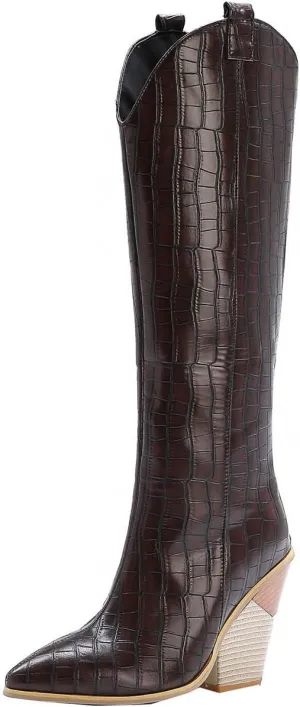 Chunky Heel Boots for Women - Fashion Snake Print Pointed Toe Back Zipper Thick High Heel Knee High Boots Comfortable Casual High Top shoes